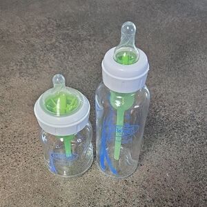 Clear Baby Bottles with White Caps and Green Nipples - Set of 2
